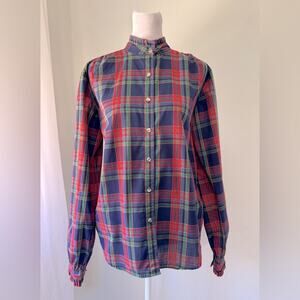 Vintage ‘80s Essentials Plaid Ruffled Half Collar Long Sleeve Button Down Blouse
